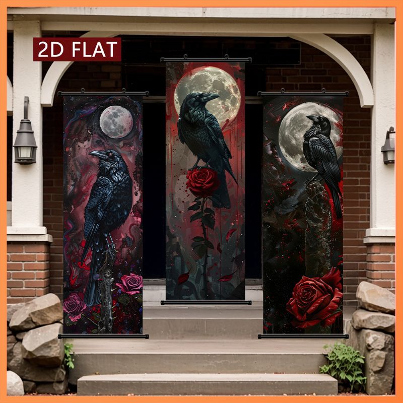 Wall Scroll Tapestry - VIKAMA Raven Crimson Rose Wall Tapestry