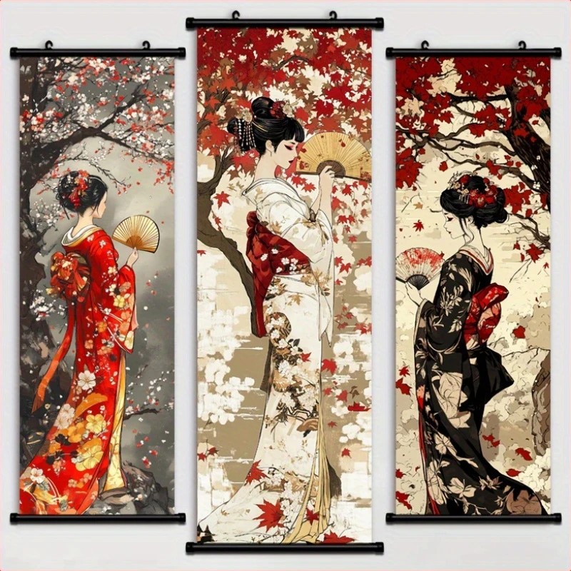 Wall Scroll Tapestry - VIKAMA Vintage Japanese Geisha Kimono 3