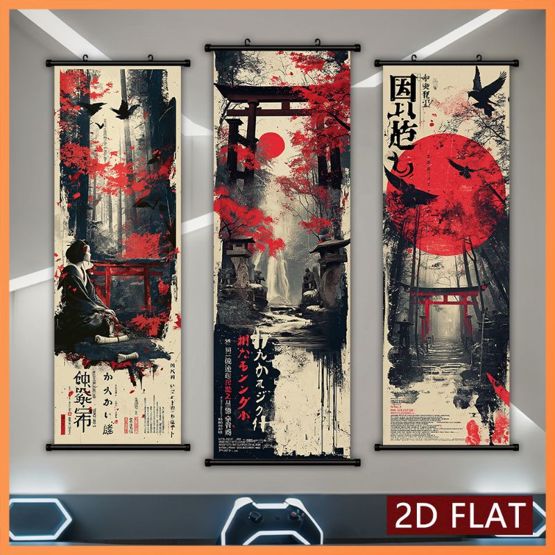 Wall Scroll Tapestry - VIKAMA Shrine Raven Crimson Sun Wall