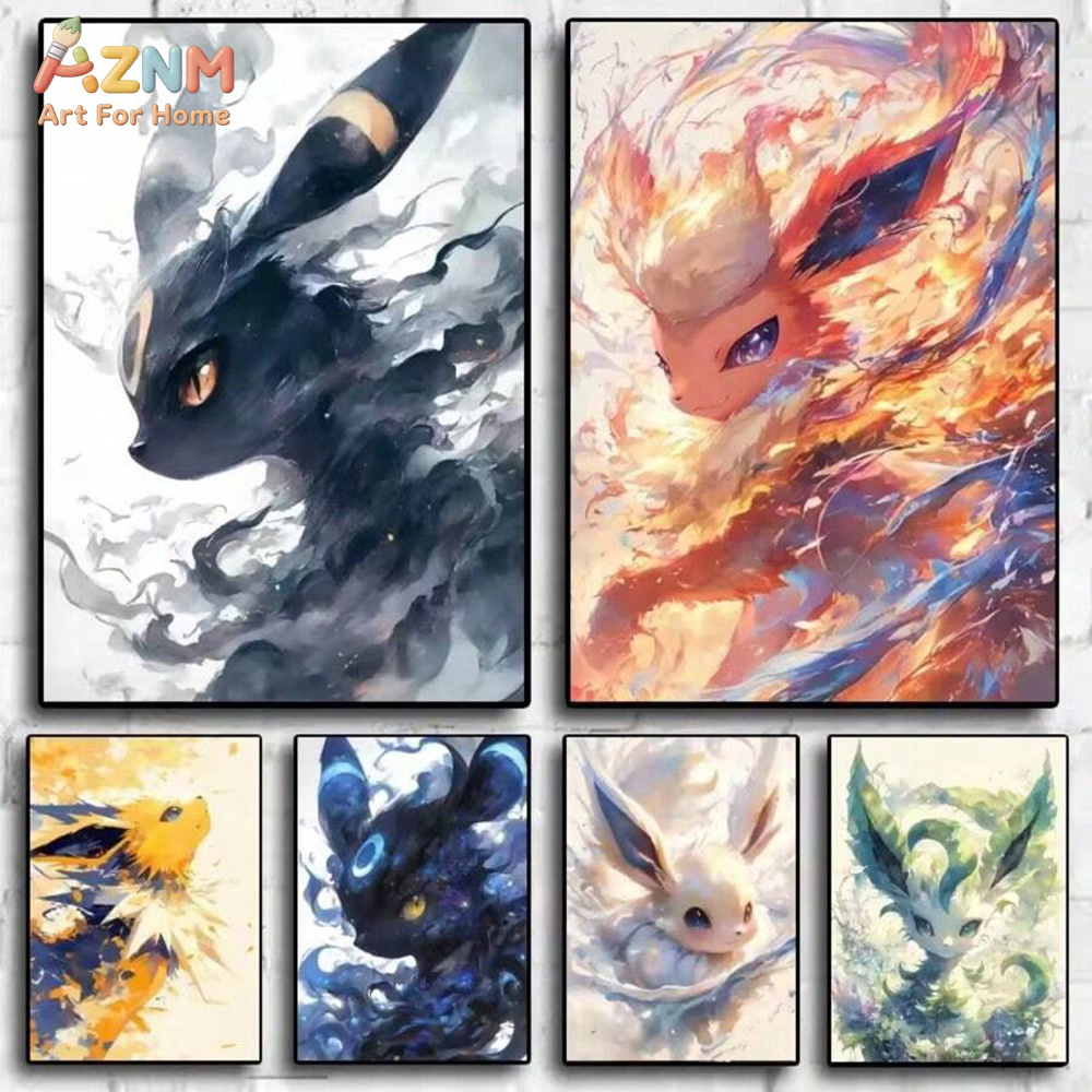 Anime Merchandise Posters - AZNM Watercolor Eeveelutions Canvas Print Unframed